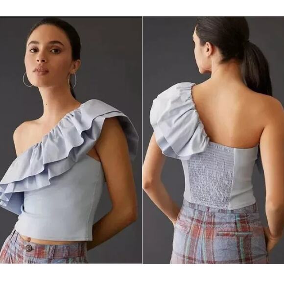 NEW Anthropologie Sunday Brooklyn Ruffled One-Shoulder Crop Top Small Sky Blue - Picture 1 of 9